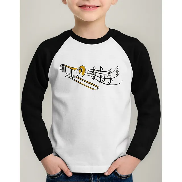 Camiseta Raglan Infantil Trombone Notas Musicais Longa