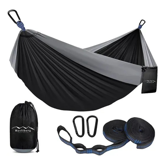 Hamaca Paraguaya Camping Hasliberg Mosqueton Correa Premium Color Negro y Gris