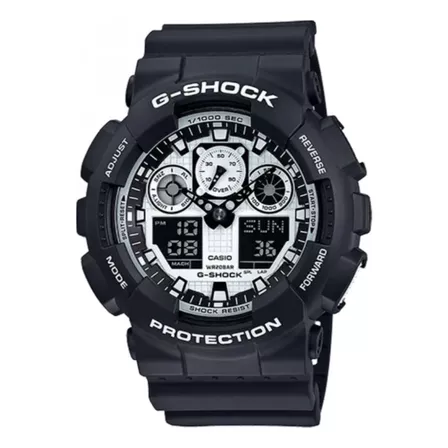 Reloj pulsera Casio G-Shock GA100 de cuerpo color negro, analógico-digital, para hombre, fondo blanco, con correa de resina color negro, agujas color negro, dial blanco, subesferas color blanco y negr