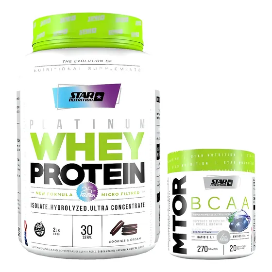 Proteina Whey Star Nutrition 2 Lb + Mtor 270 Gr Sabor Cookies & Cream + Grape Attack
