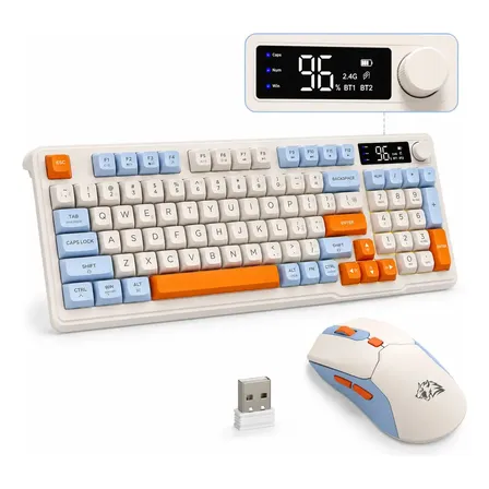 Kit Teclado Y Mouse Game Inalambrico Free Wolf T96, 2000mAh Teclado y Raton Bluetooth con RGB, QWERTY Español con Pantalla Teclado y Mouse, Kit Gamer Compatible con Windows, Mac, Ps4, Ps5, Blanco