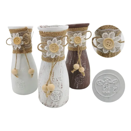 Florero De Vidrio Con Relieve Y Decorativo En Yute Pack De 4