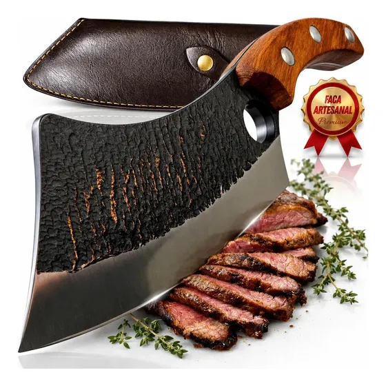 Cutelo de Chef Forjado Aço Carbono Lâmina Ultra Afiada Cozinha Churrasco Camping Sobrevivência Faca Profissional Full Tang Cabo Madeira Com Coldre Couro Artesanal Corte Preciso Multiuso Full Tang