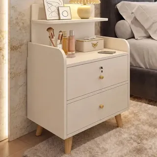 Mesita De Noche Moderna De Madera De Estilo Minimalista, Con Cajones, Patas Y Cerradura, Color Blanco 40*34*70cm Mate
