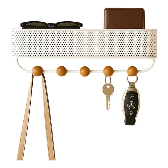 Chaveiro De Parede com Cesto e 5 ganchos Lumai Porta Chave Com Dupla Instalação Cabideiro Cor Branco Suporte Chaves Cabide de Parede para Hall Sala Escritorio Quarto Pendurar Pendurador