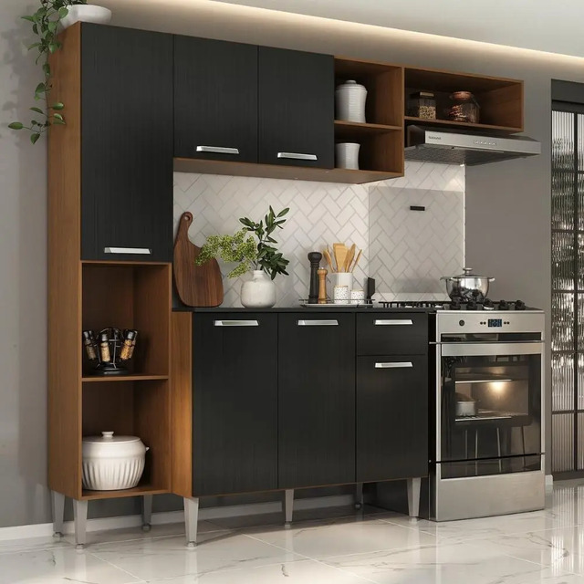 Armário De Cozinha Compacta Smart Multimóveis Mp2220 Cor Madeirado/preto Armário De Cozinha Compacta Smart Multimóveis Mp2220 Cor Madeirado/preto