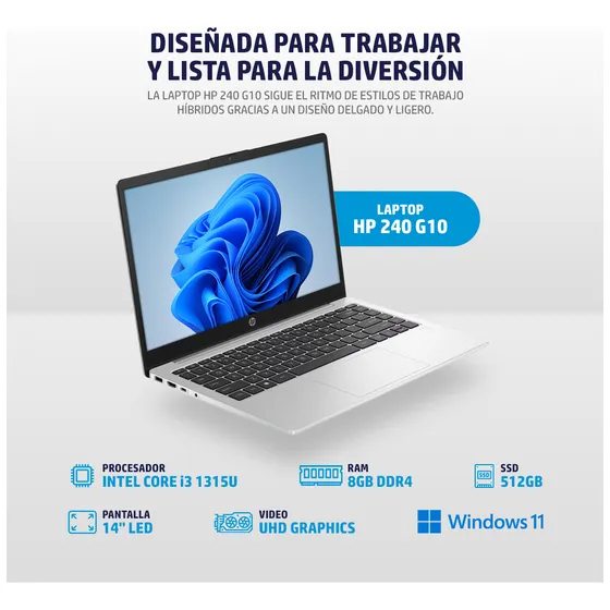 Laptop Hp 240 G10 Al2q4lt, Core I3 1315u, 8gb Ram, 512gb Ssd, Windows 11 Home, Gris