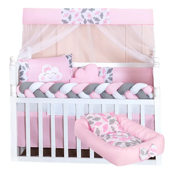 Kit Berço Trançado Nuvem Rosa Menina Com Ninho Bebê Completo