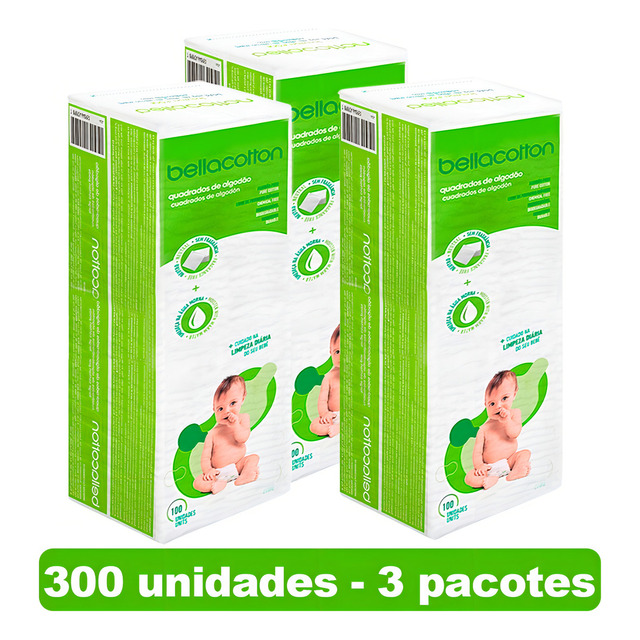Algodão Quadrado Bellacotton Para Bebê - 3 Pacotes C/ 300 Unidades Algodão Quadrado Bellacotton Para Bebê - 3 Pacotes C/ 300 Unidades