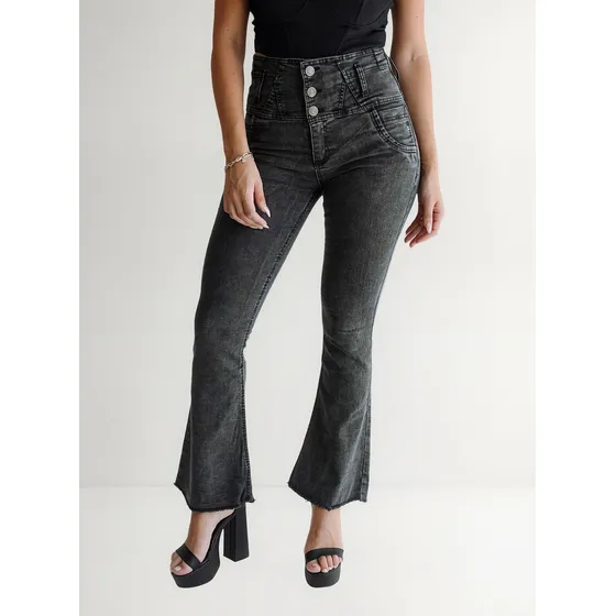 Jean Flare Mujer Oxford Gris Nevado Elastizado Flex Denim