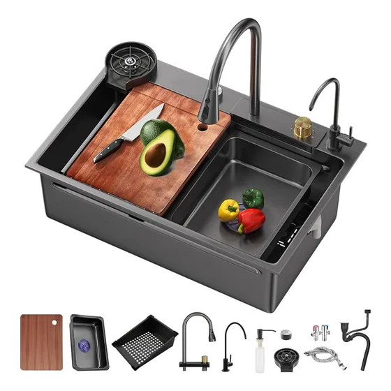 Pileta Cocina Bacha Doble Multifuncion Acero Inox Completa Color Negro