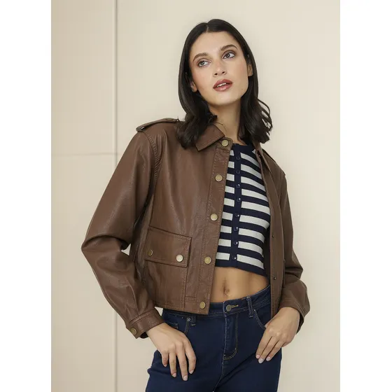 Chaqueta Cuello Camisero Ecocuero Café Nicopoly
