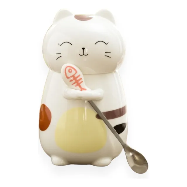 Taza De Cerámica Gato Kawaii 3 D Con Tapa Y Cucharita