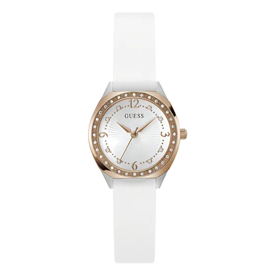 Reloj Para Mujer Marca Guess Correa Blanco Bisel Oro Rosa Fondo Blanco