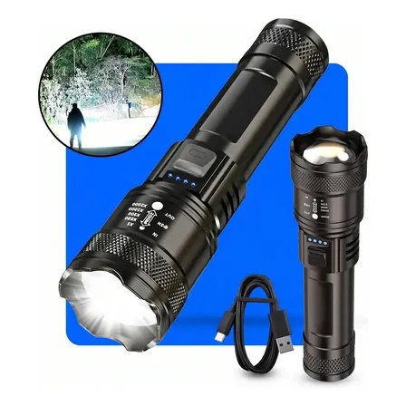 Lanterna Militar Tatica Led Mais Forte Do Mundo Potente 1km Zoom Telescópico Alto Brilho Resistente Agua Sitio Fazenda Uniled Branco Preto