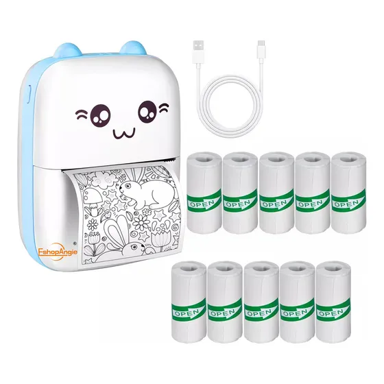 Mini Impresora Térmica Bluetooth Gatito + 10 Rollos Adhesivo Color Celeste