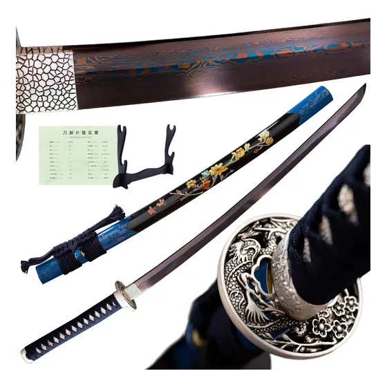Katana Ciruela De Sangre Acero Damasco 100% Funcional Filo Real Hecho A Mano Samurai Full Tang Japón Ludede Con Madera Base