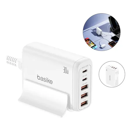 Carregador GaN Basike 30W Turbo USB-C Com Cabo Type-C 1,5m, 5 Portas USB A+C Bivolt , Carregamento rápido Compatível IPhone, Samsung, Motorola, Xiaomi, LG E Celulares Android