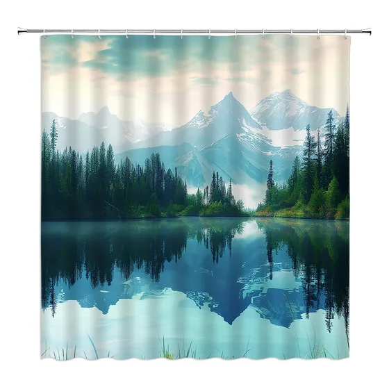 Cortina Ducha Paisaje Cielo Montaña Reflejo Nublado Lago 70 