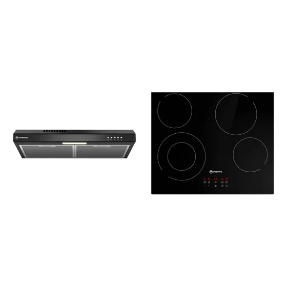 Kit Cocina: Campana Extractora 60cm Gran Succión Negra + Encimera Eléctrica 4 Platos Vitrocerámica