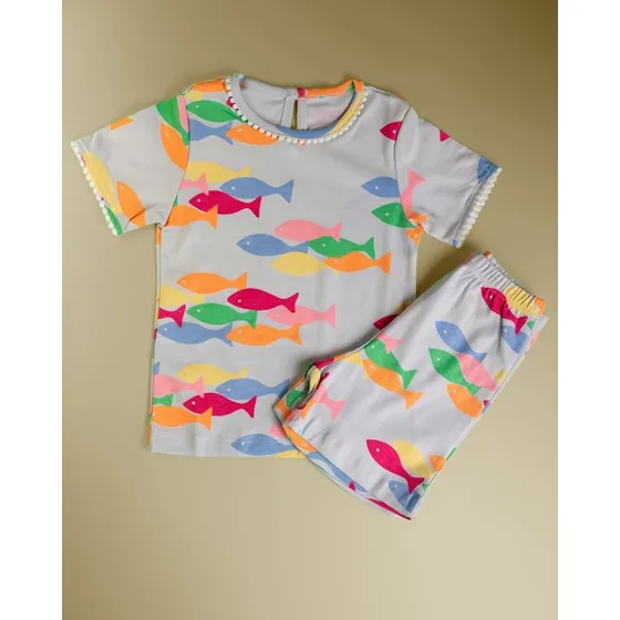Conjunto Pijama Manga Curta Colorido - Algodão Indiano