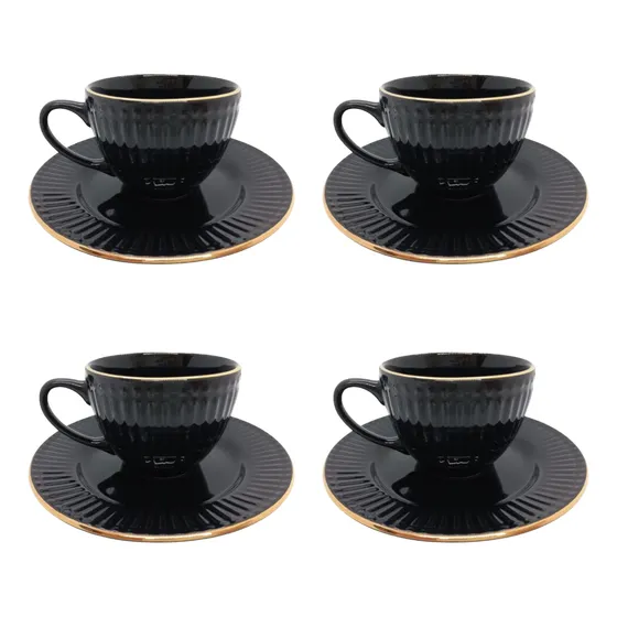 Set X 4 Taza Y Plato Cafe Negro Con Borde Dorado De 100 Ml