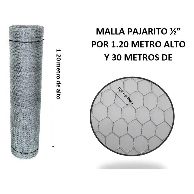 Malla Pajarito Galvanizada 1.20x1/2 Pul1.27cm X30 Mts Largo