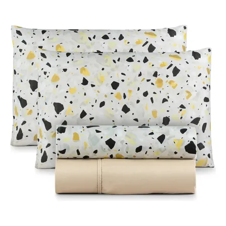 Jogo De Lençol Casal 400 Fios 4 Peças Conforto Premium Cama Formas Branco E Amarelo Estampado