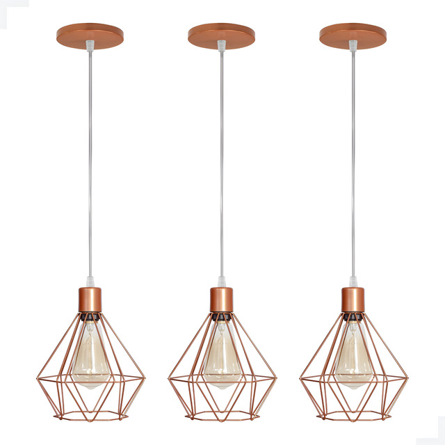 Kit 3 Luminária Pendente Aramado Diamante Cobre Cabo Cristal Kit 3 Luminária Pendente Aramado Diamante Cobre Cabo Cristal