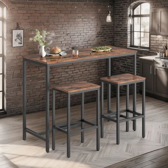 Mesa Bar De Cocina Rectangular Con 2 Bancos Portátiles