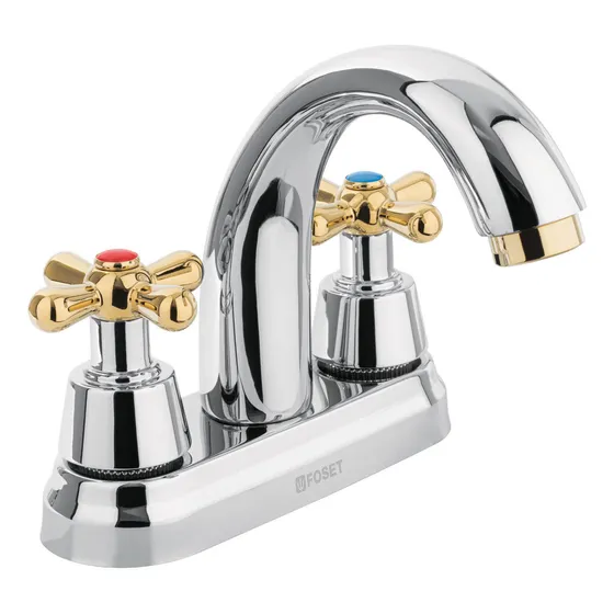 Mezcladora Cromo-oro 4'' Lavabo, Nariz Curva, Cruceta 45355
