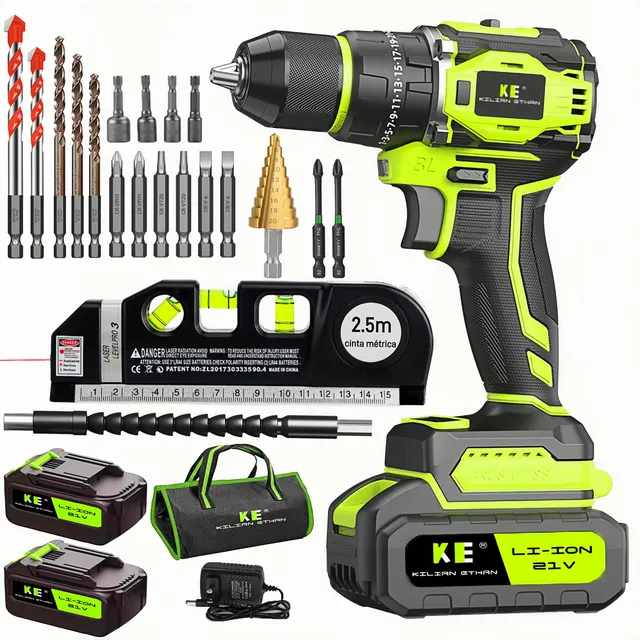 Taladro Percutor Sin Escobillas 1/2" Inalámbrico Nivel Láser 3 Burbujas con Regla y Cinta Kilian Ethan KE654A Kit Profesional Atornillador Destornillador Impacto Brocas Concreto Metal Madera
