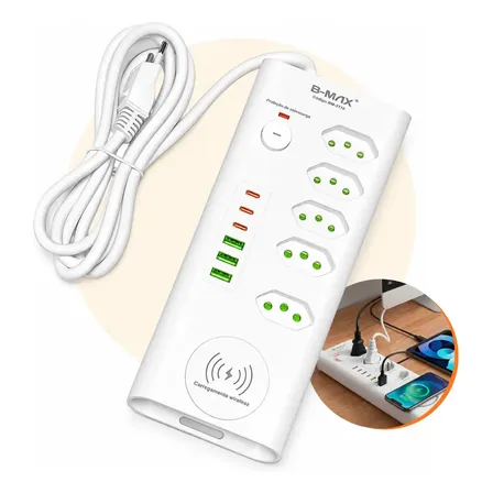 Filtro de Linha B-Max 5 Tomadas 2m 3 USB Carregamento Wireless