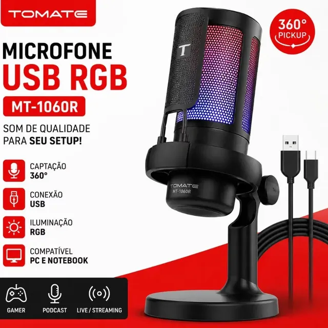 Microfone Condensador Tomate MT-1060R USB para Streaming e PC Com Luz LED