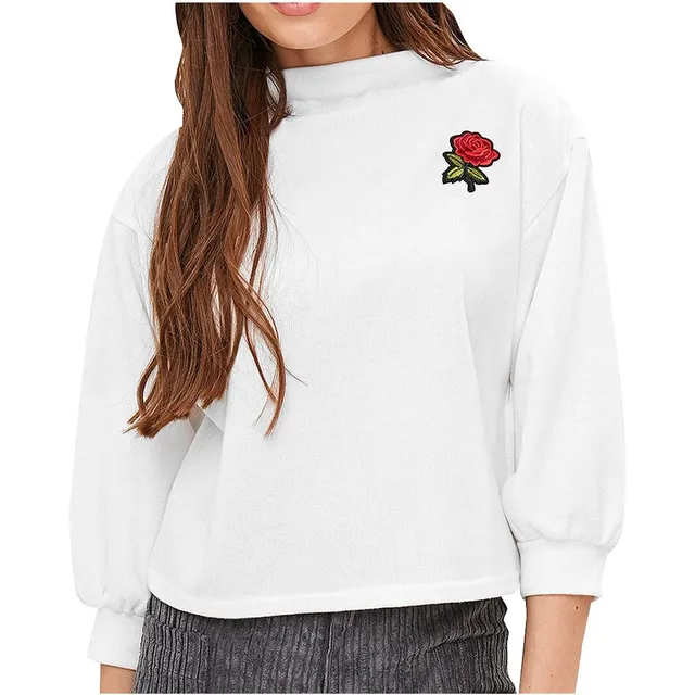 Cuello Alto Tops Moda Manga Larga Bordado Rosa Roja