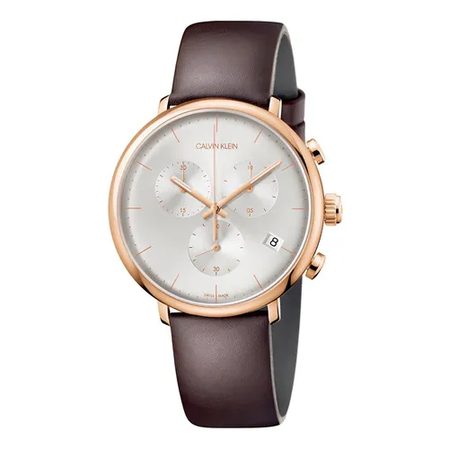 Reloj Calvin Klein High Noon K8m276g6 Suizo Original En Caja Color de la correa Marrón Color del bisel Oro rosado Color del fondo Plateado