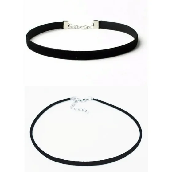 Kit 2 Chokers Gargantilha Veludo E Cordão Camurça Preto