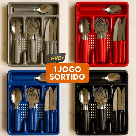 Kit Jogo De Talheres 24 Pçs Colher Faqueiro Garfo Gaveteiro 24 Talheres + Brinde Sortido