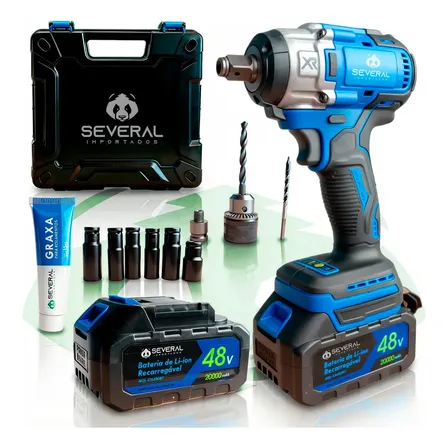 Chave De Impacto Furadeira Eletrica 10000mah Bateria 48v Sem Fio Recarregável Maleta Completa Azul Several
