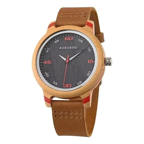 Reloj Madera Bambu Hombre Hermoso Lineas Rojas