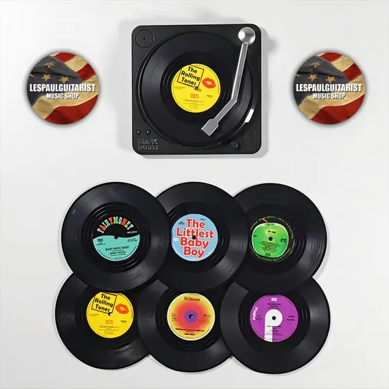 Portavasos de vinilo para galletas Lp, 6 unidades, con decoración vitrola, color negro
