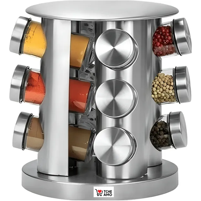 Porta Tempero Giratório 360 Com 12 Potes Vidro Suporte Inox