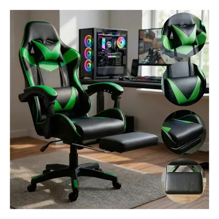 Cadeira Escritório Gamer Ergonômica Confortável Ajuste de Altura e Encosto Cor Verde Led Tools