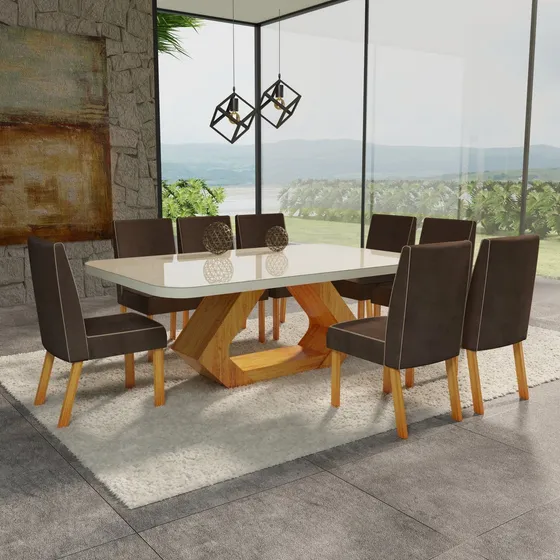 Conjunto Sala De Jantar Com Tampo Mdf/vidro 220cmx110cm Mesa