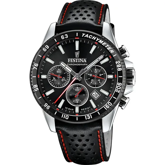 Reloj F20561/4 Festina Hombre Timeless Chronograph /marisio Color de la correa Negro Con Pespunte Rojo Color del bisel Negro Color del fondo Negro