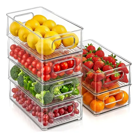 Kit 6 Organizadores de Geladeira Porta Mantimentos Organizador de Armário Cozinha e Despensa Caixa Organizadora Empilhável Multiuso Transparente Acrílico para Frutas Legumes Verduras Gaveta Palada