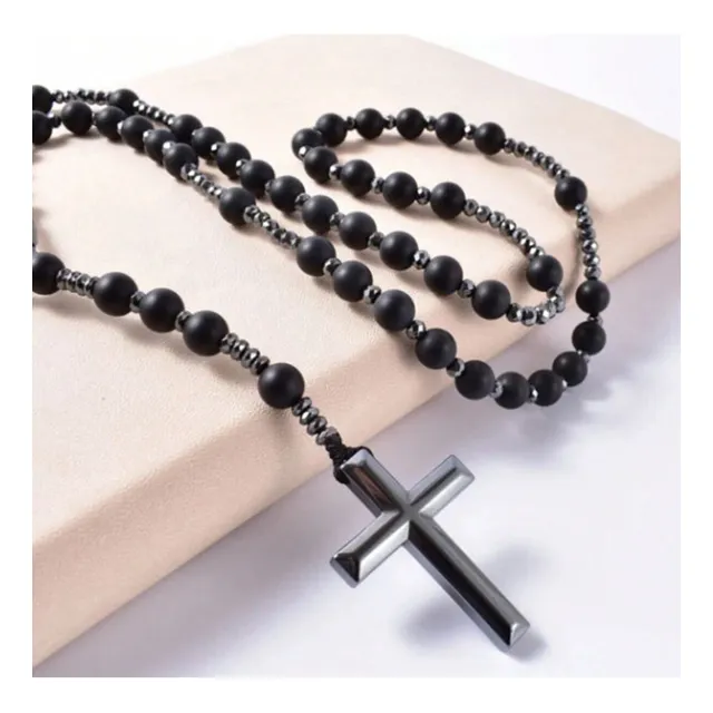 Collar Largo Cuentas De Ónix Negro Natural Con Cruz Piedra