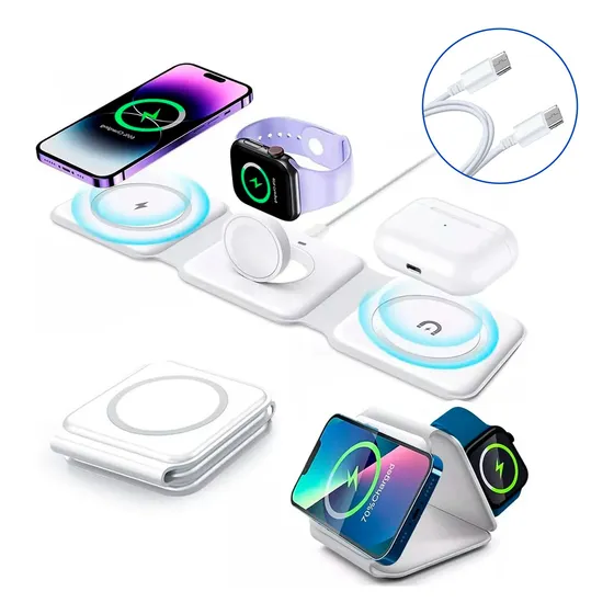 Base Cargador Inalambrico Plegable 3 En 1 Estación De Carga Para iPhone Slim Company Base Magnética Para Smartphone Reloj Audífonos Dispositivos Apple Y Android Carga Segura Color Blanco