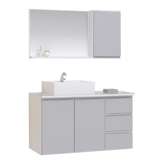 Moveis Joia Prisma conjunto gabinete banheiro 80cm com tampo vidro cor do móvel branco e cinza cor da pia Branco