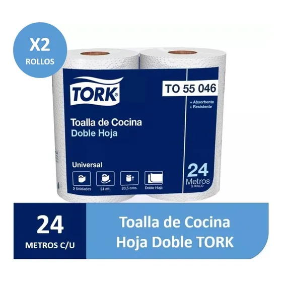Toalla De Papel Tork Doble Hoja - 2 Rollos - 24 Mts.